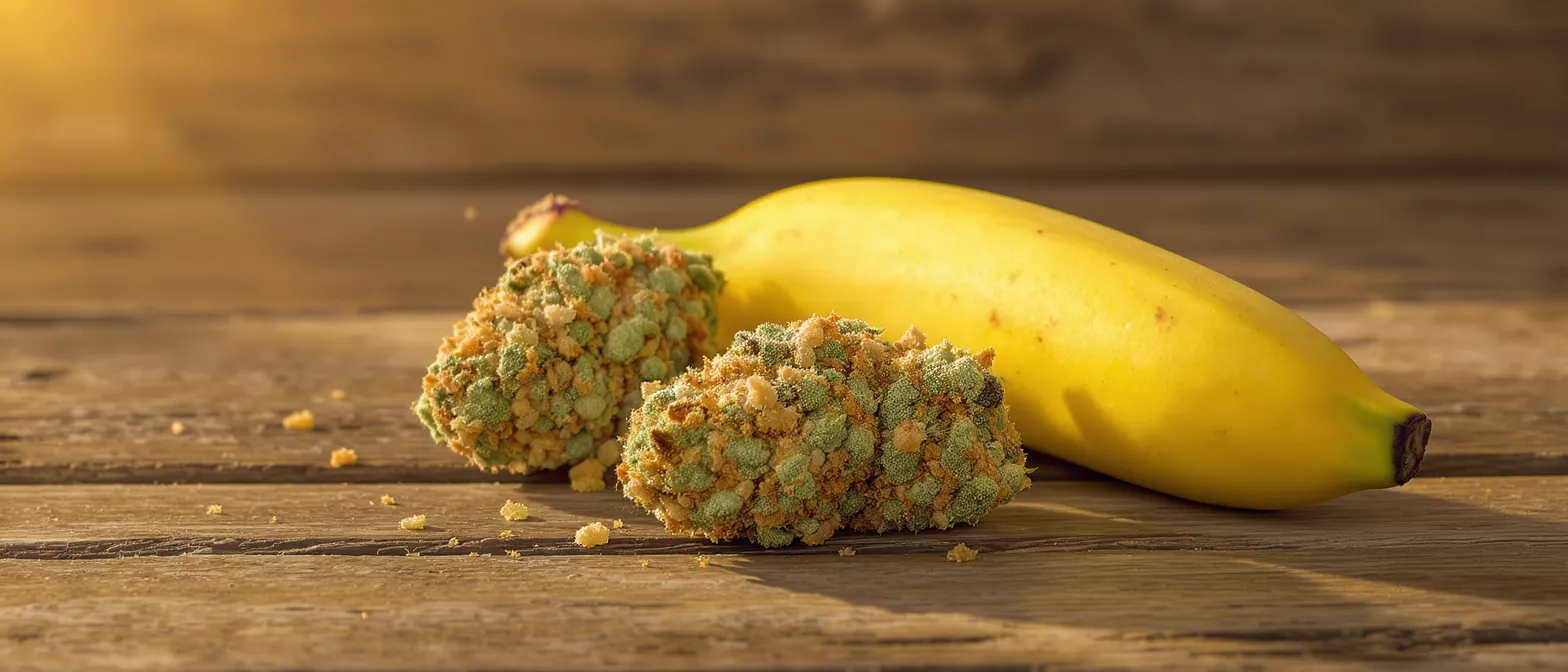 Two green and brown crusted nuggets with a banana on a wooden table.