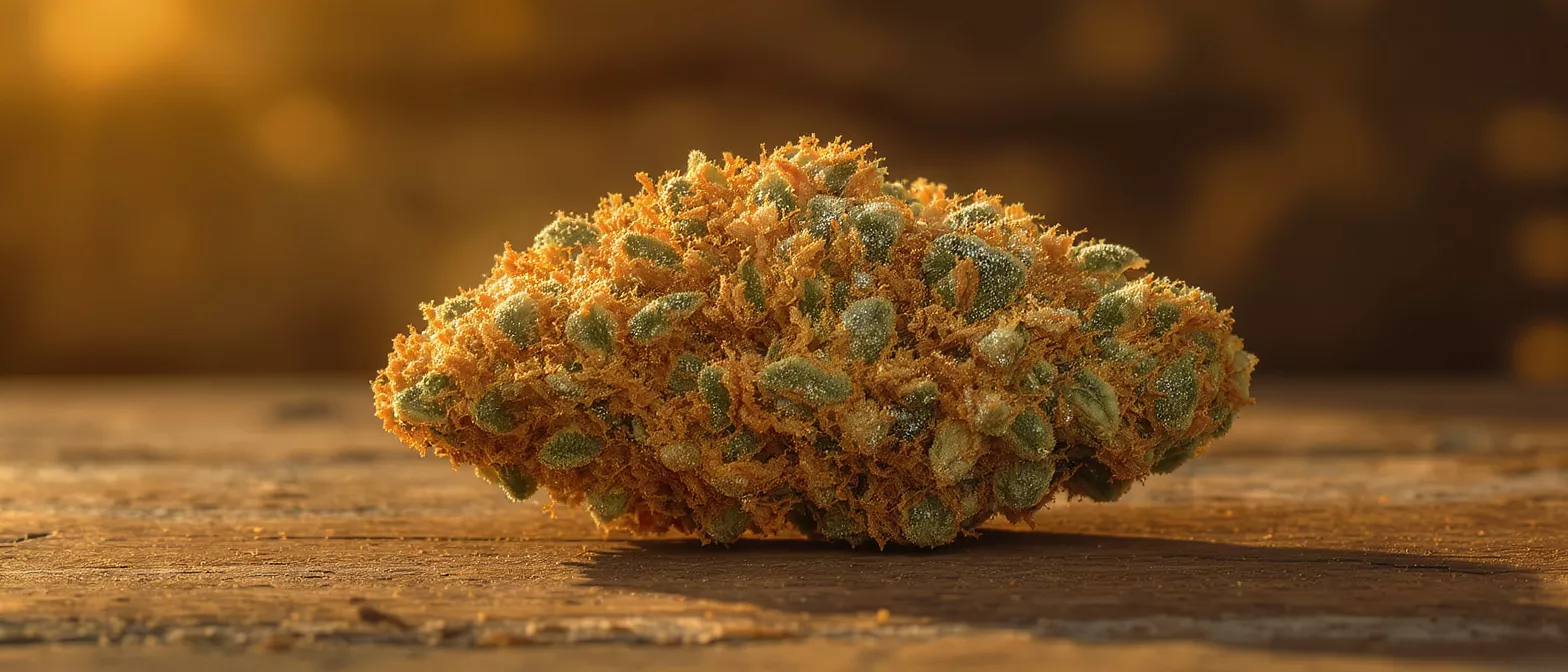 Close-up of a cannabis flower bud covered in golden trichomes and green pistils.