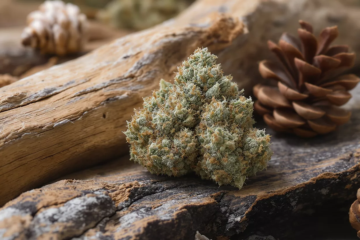 Close-up of a cannabis bud on weathered driftwood with a pinecone.