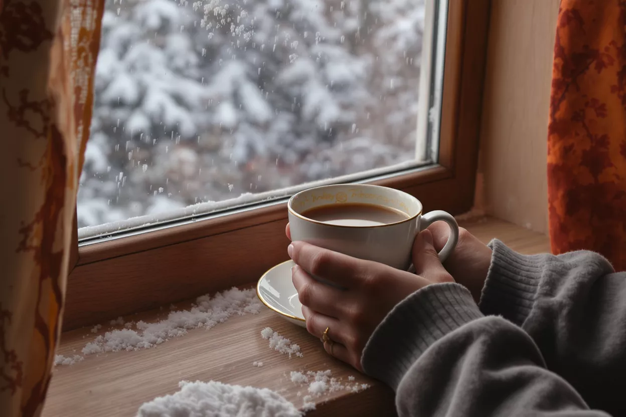 Hands holding a coffee cup by a window with snow falling outside.