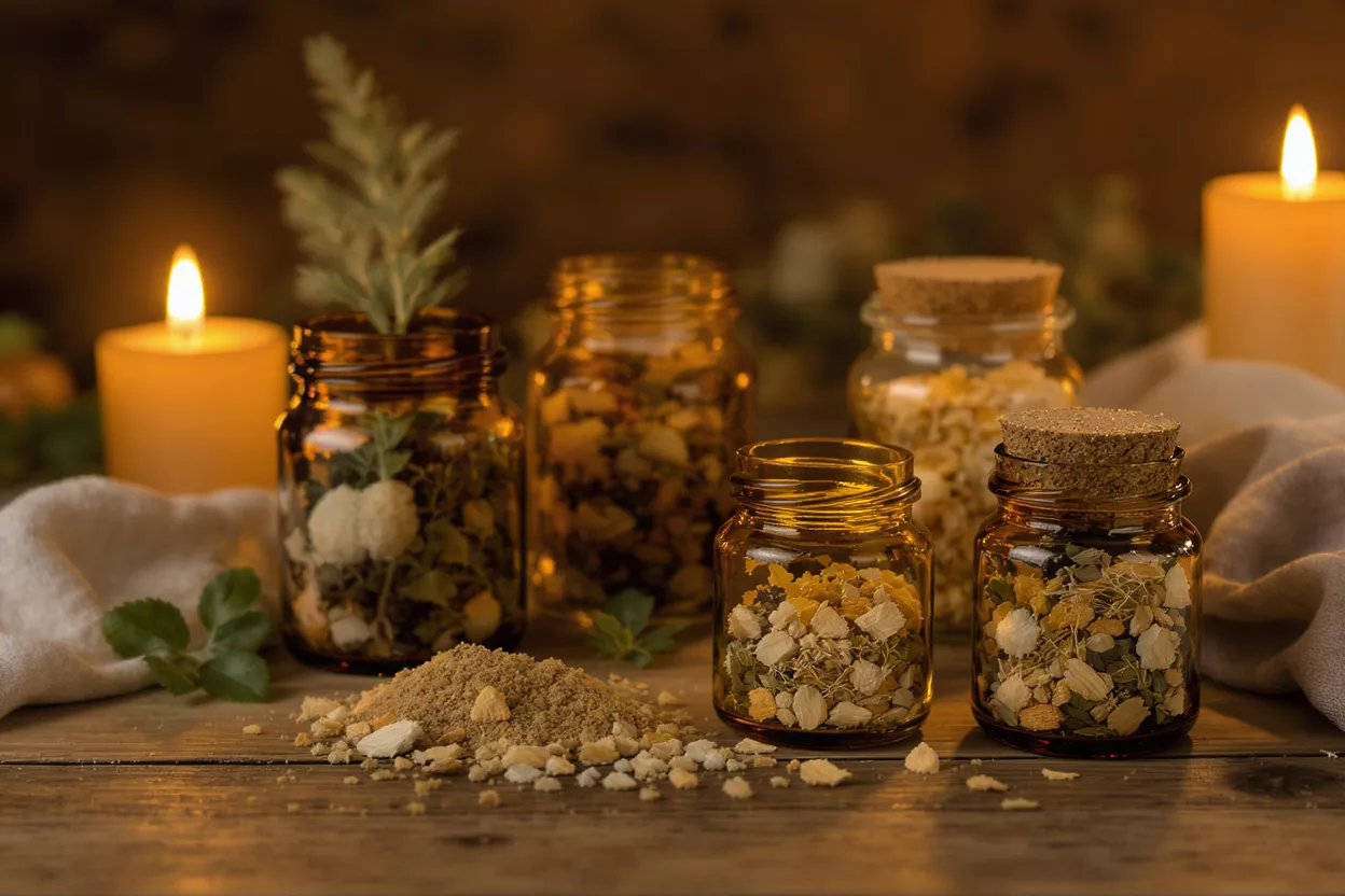 Amber jars with herbs, spices, and candles on a rustic wooden table.