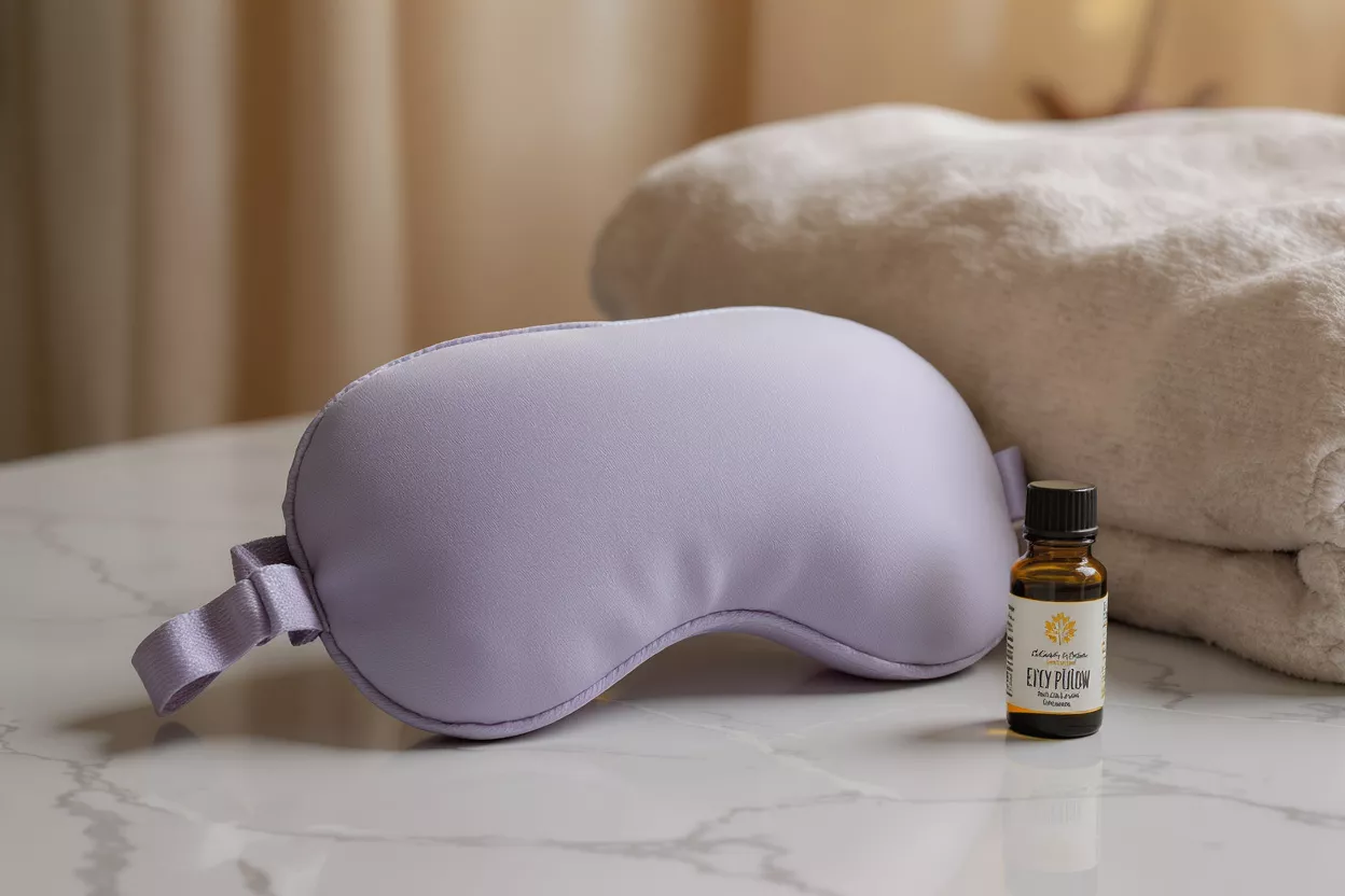 Lavender sleep mask, essential oil bottle, and fluffy white towel on marble surface.