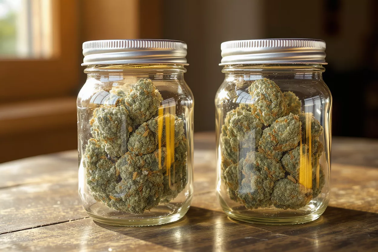Two Jars of Cannabis Buds Two clear glass jars filled with green cannabis buds on a wooden surface.