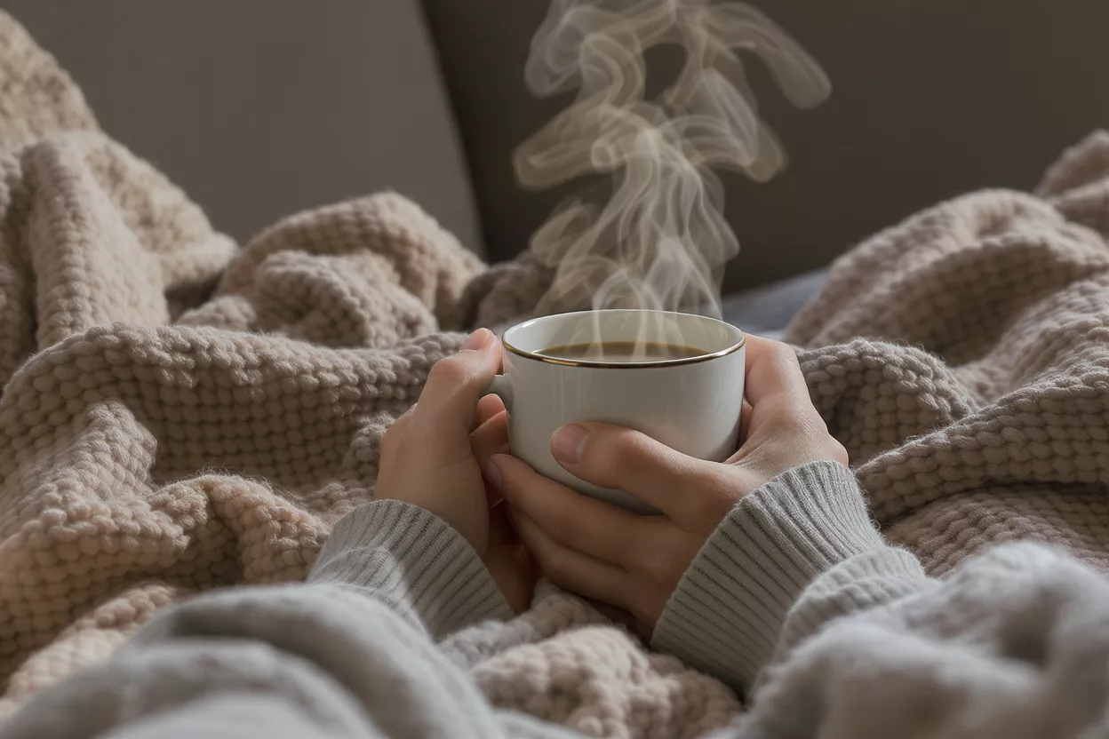Cozy Coffee Cup in Hands Hands holding a steaming white coffee cup, nestled in a warm knitted blanket.