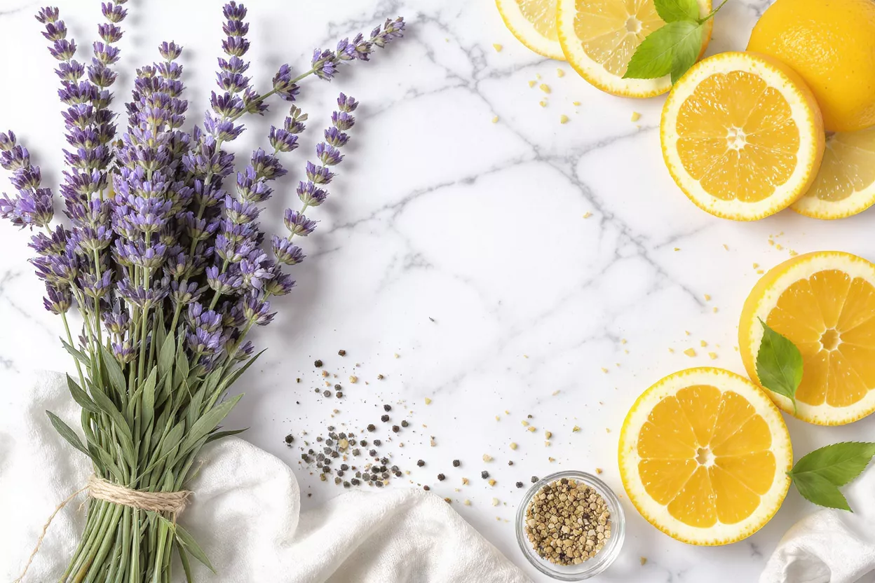 Lavender, Lemons, and Pepper Lavender bouquet, lemon slices, and peppercorns on a white marble background.