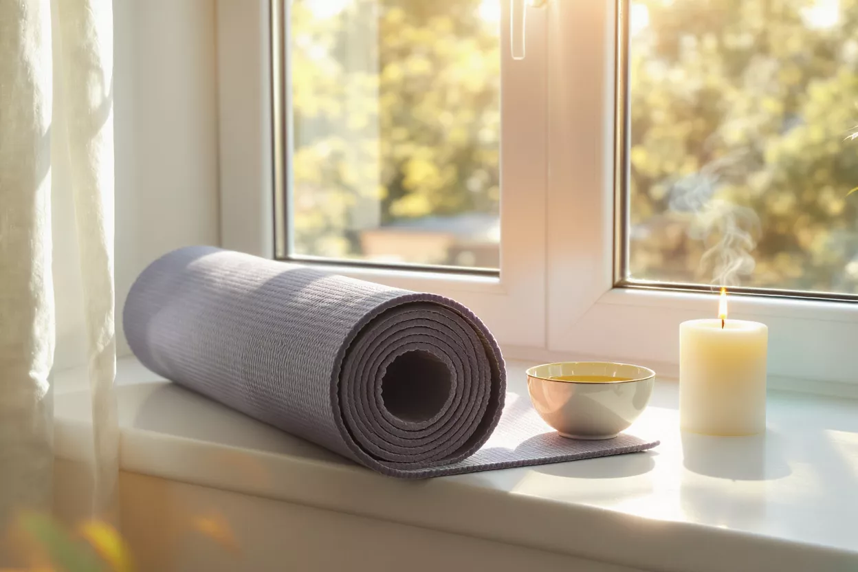 Yoga and Meditation Setup by Window Rolled yoga mat, lit candle, and tea by a sunny window for relaxation.