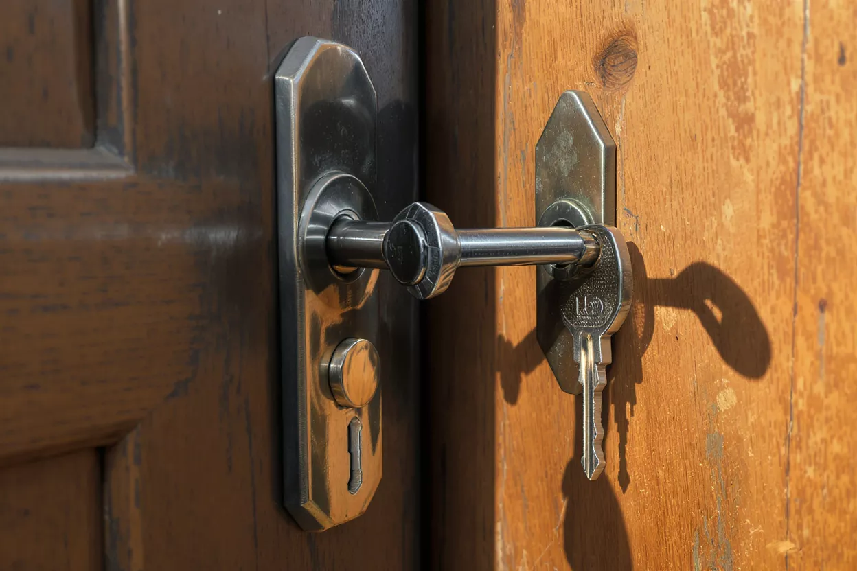 Close-up of a silver door handle and lock with a key inserted.
