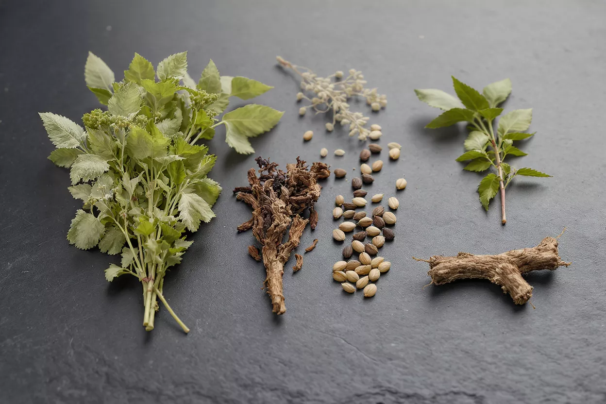 Various herbal ingredients including fresh leaves, dried roots, and seeds on a dark surface.