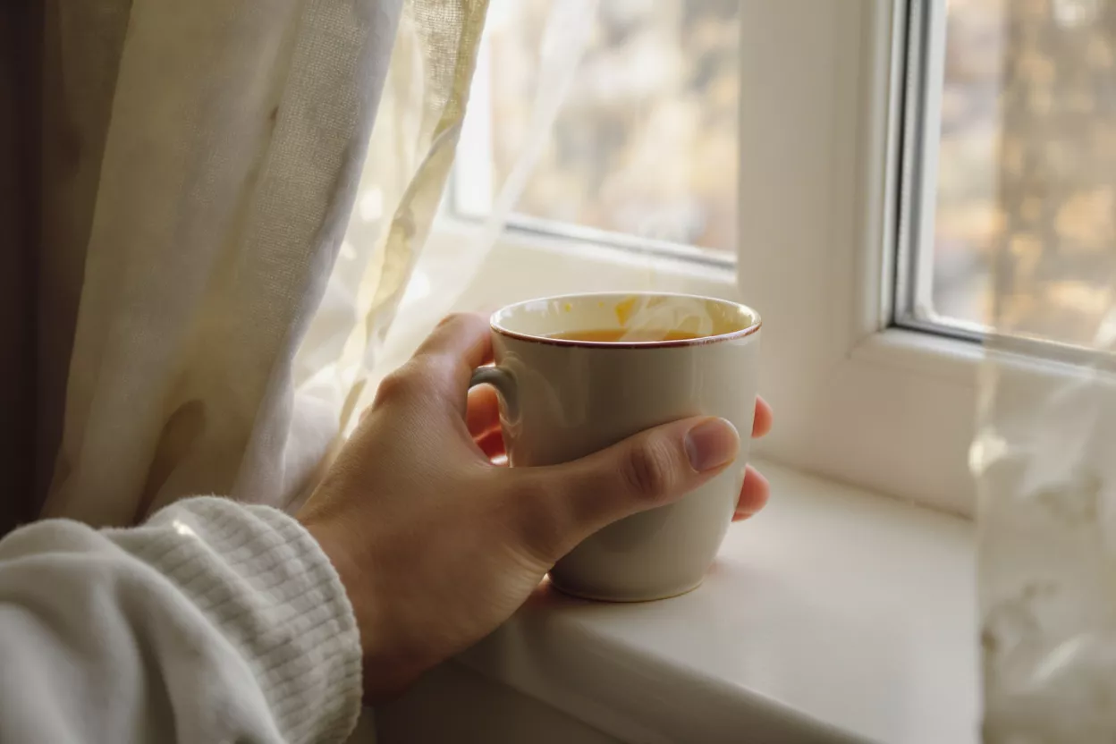 A hand holding a warm tea cup by a sunlit window with sheer curtains.
