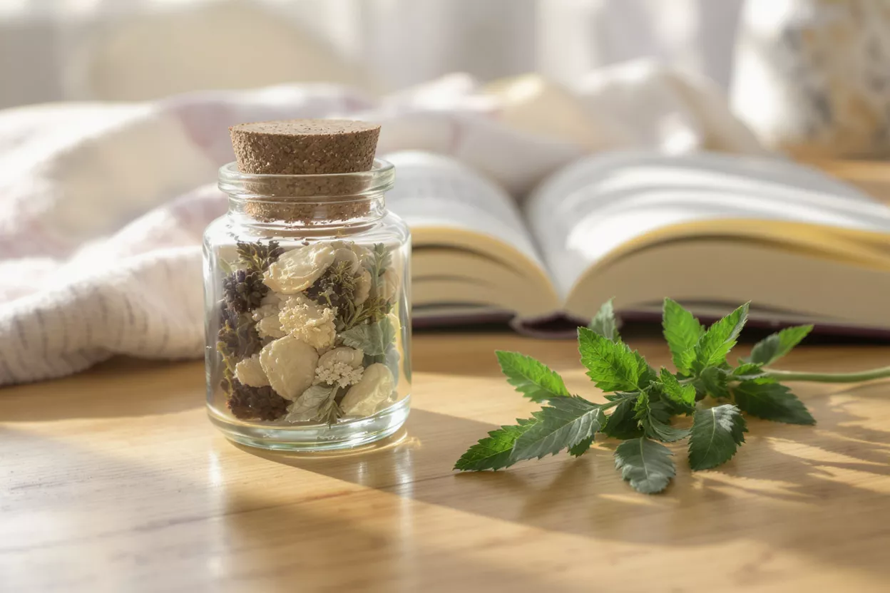 Glass jar of potpourri, open book, and fresh mint leaves on a wooden table.