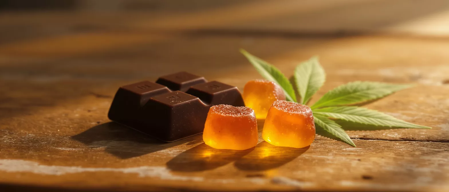 A chocolate bar, three orange gummies, and a cannabis leaf on a wooden surface.