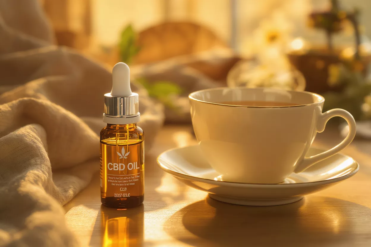 Amber CBD oil bottle with dropper next to a steaming cup of tea.
