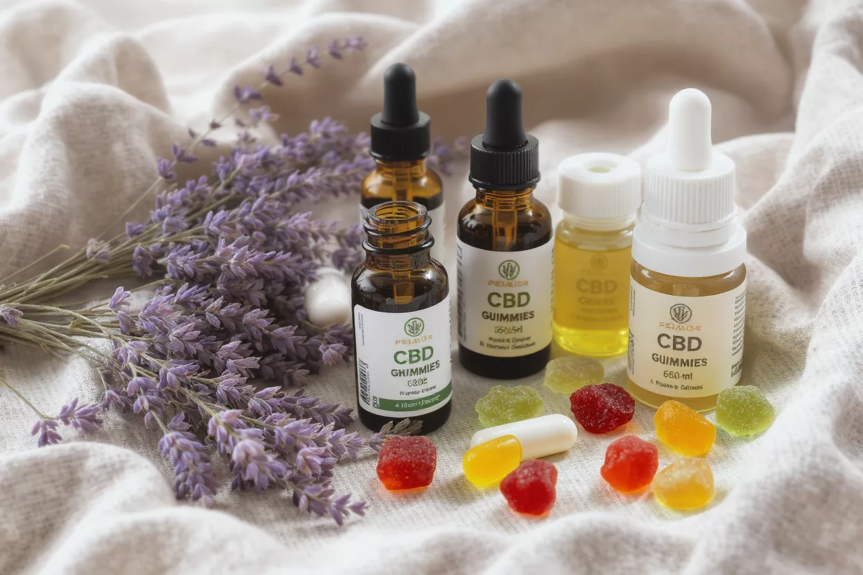 CBD gummies, oils, and lavender on a light fabric background.