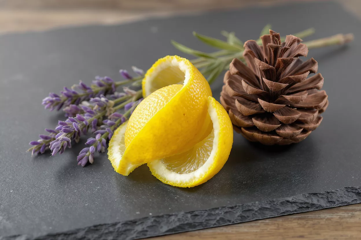 Lavender sprigs, lemon peels, and a pinecone on a dark slate surface.