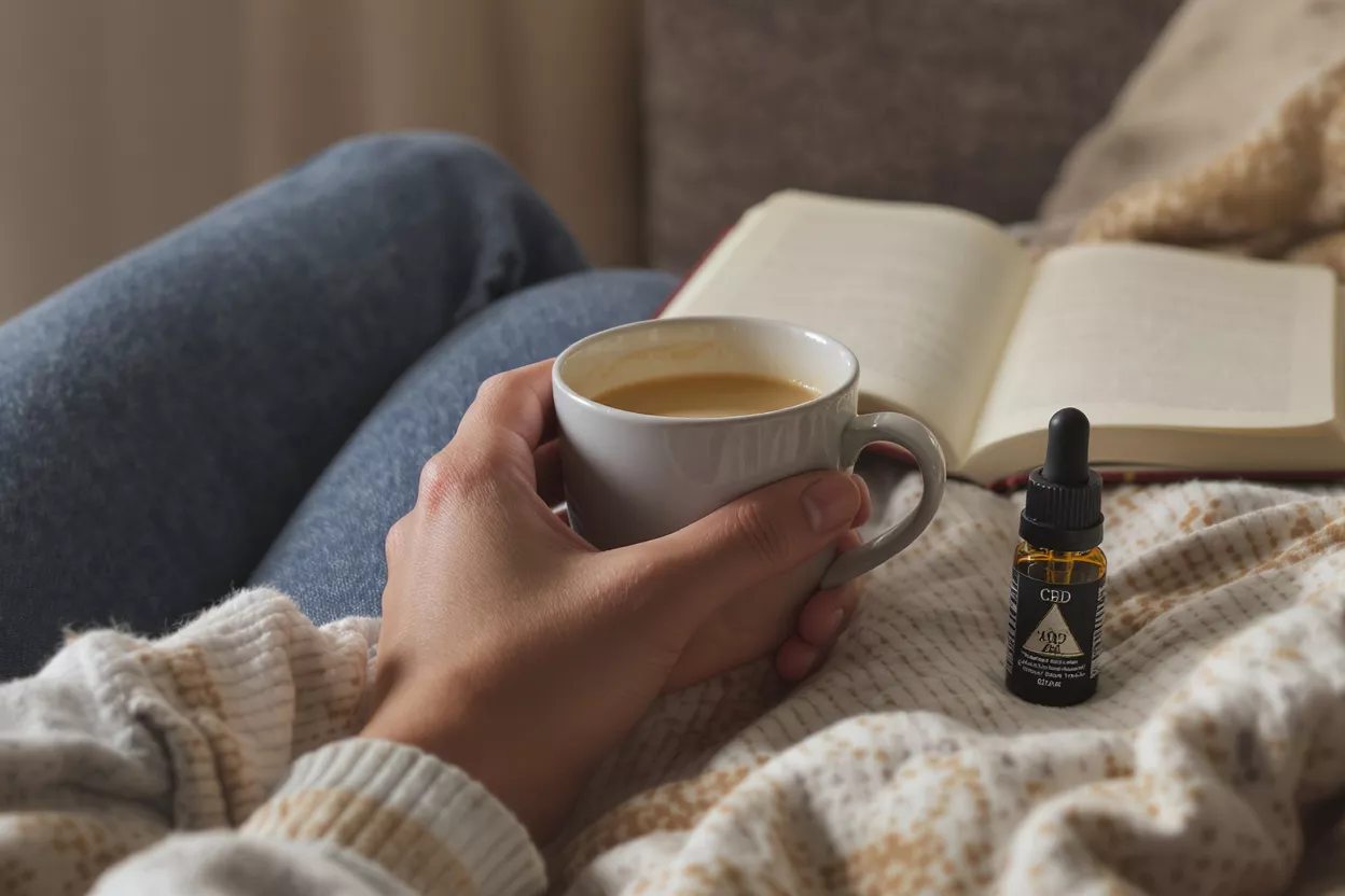 Person holding coffee, CBD oil, and open book on cozy blanket.