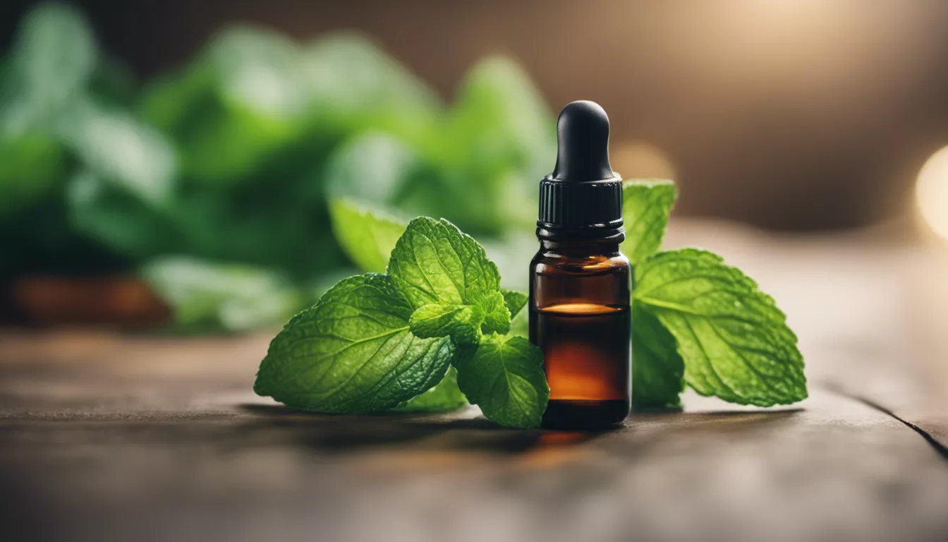 Amber glass dropper bottle with mint leaves for aromatherapy on rustic wood.