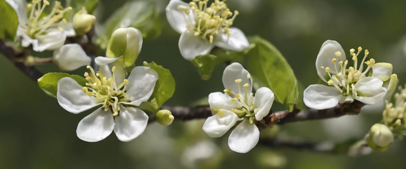 Close-up of white fruit tree blossoms with yellow stamens against a green spring background.