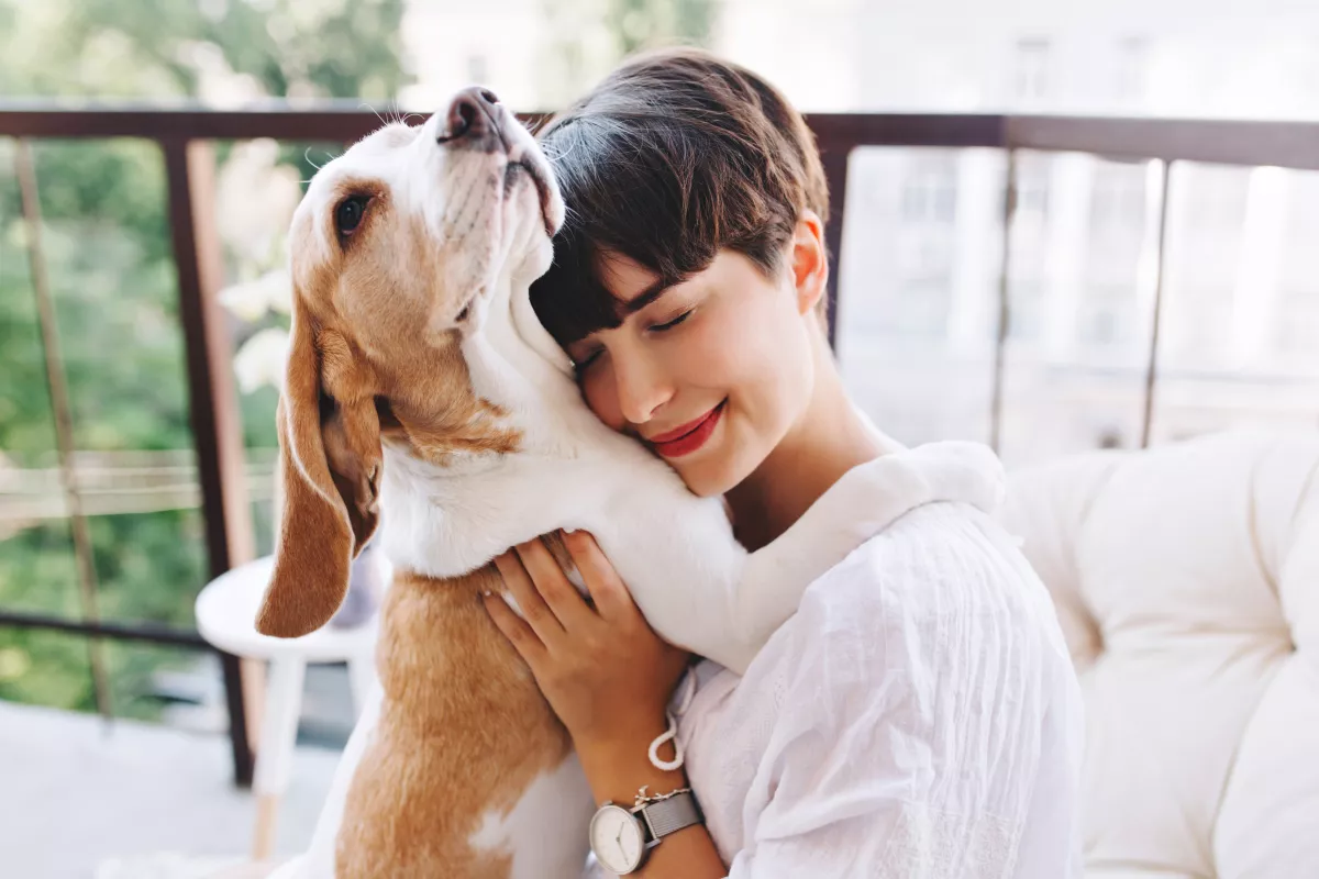 Woman affectionately hugs beagle, showing a heartfelt human-pet bond outdoors.