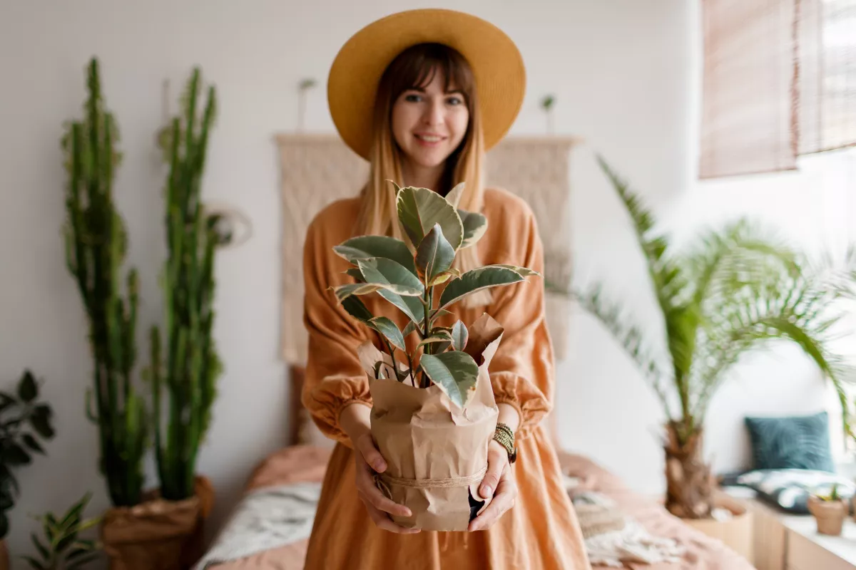 Woman in rust dress holding leafy plant in bohemian indoor garden setting.