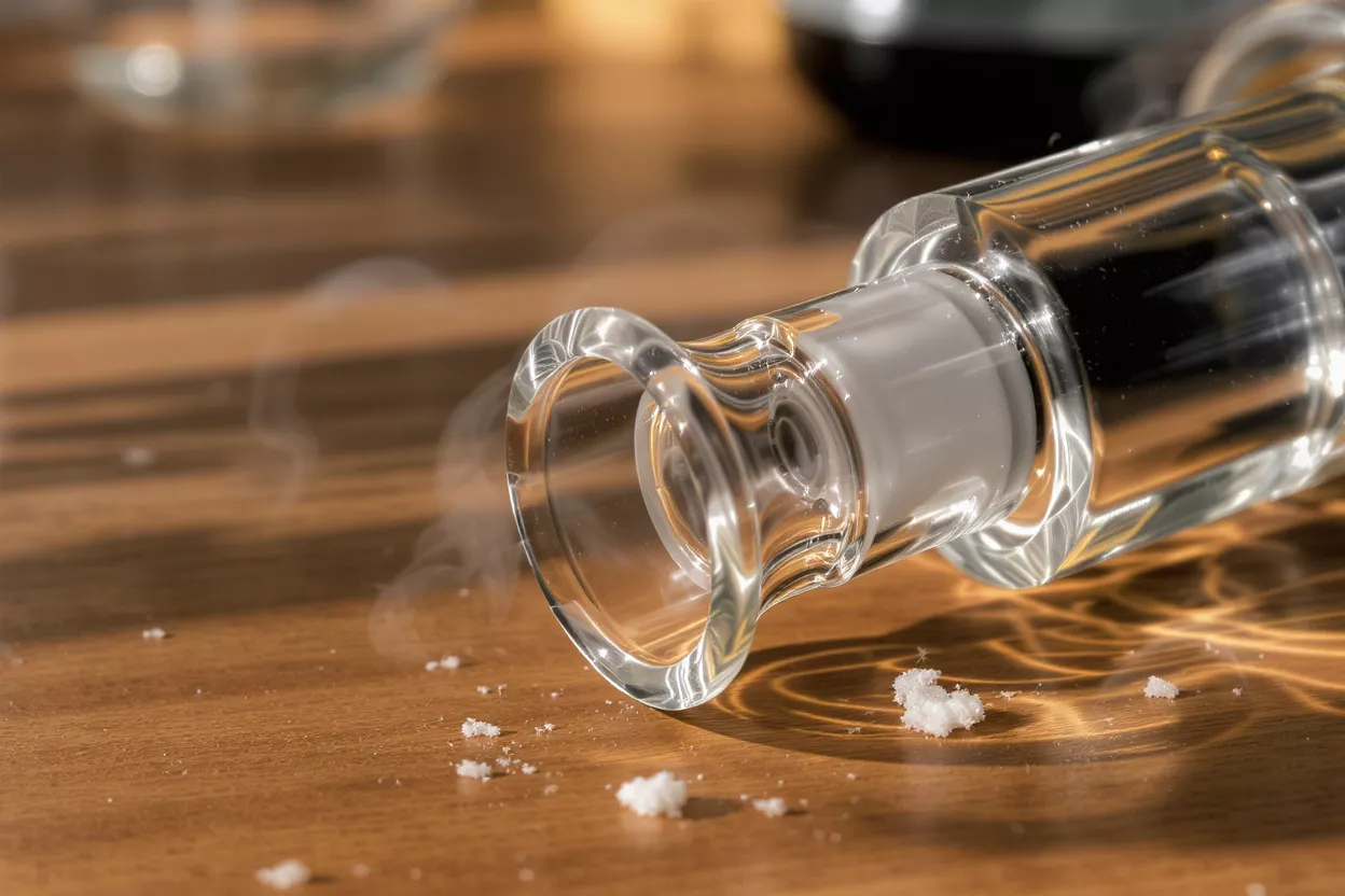 A glass bottle lying on a wooden table, emitting smoke with white crystals spilled.