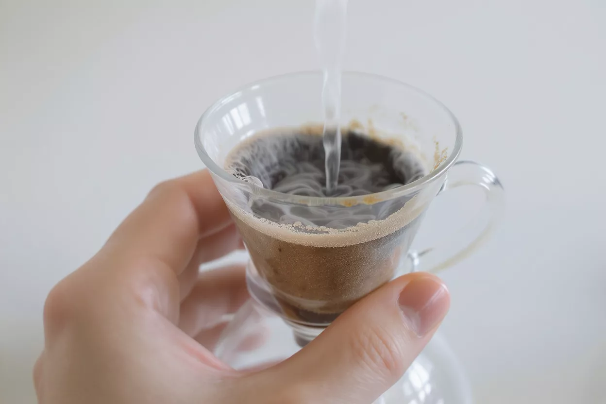 A hand holds a glass pour-over coffee maker while hot water is poured over grounds.