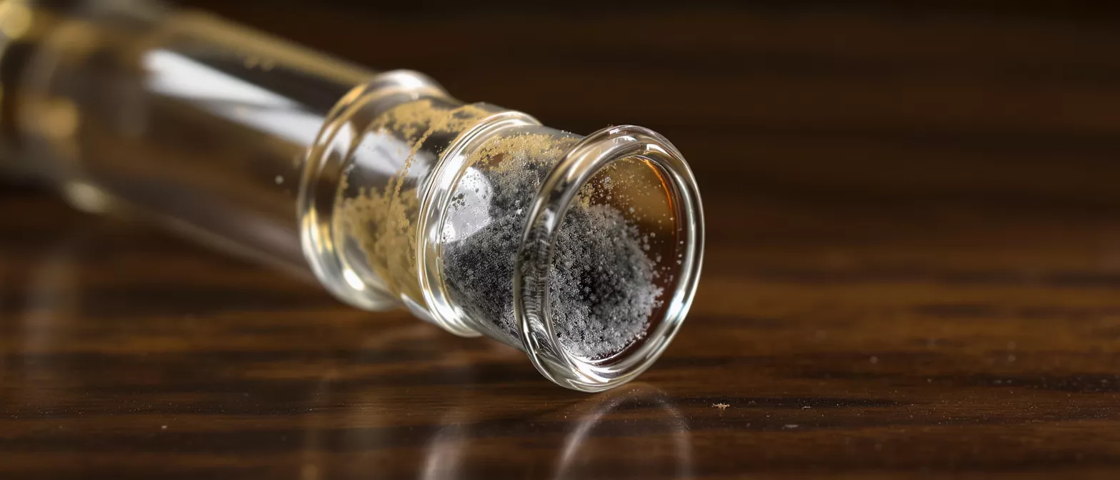 Close-up of a glass tube containing black powder and yellow residue on a wooden surface.