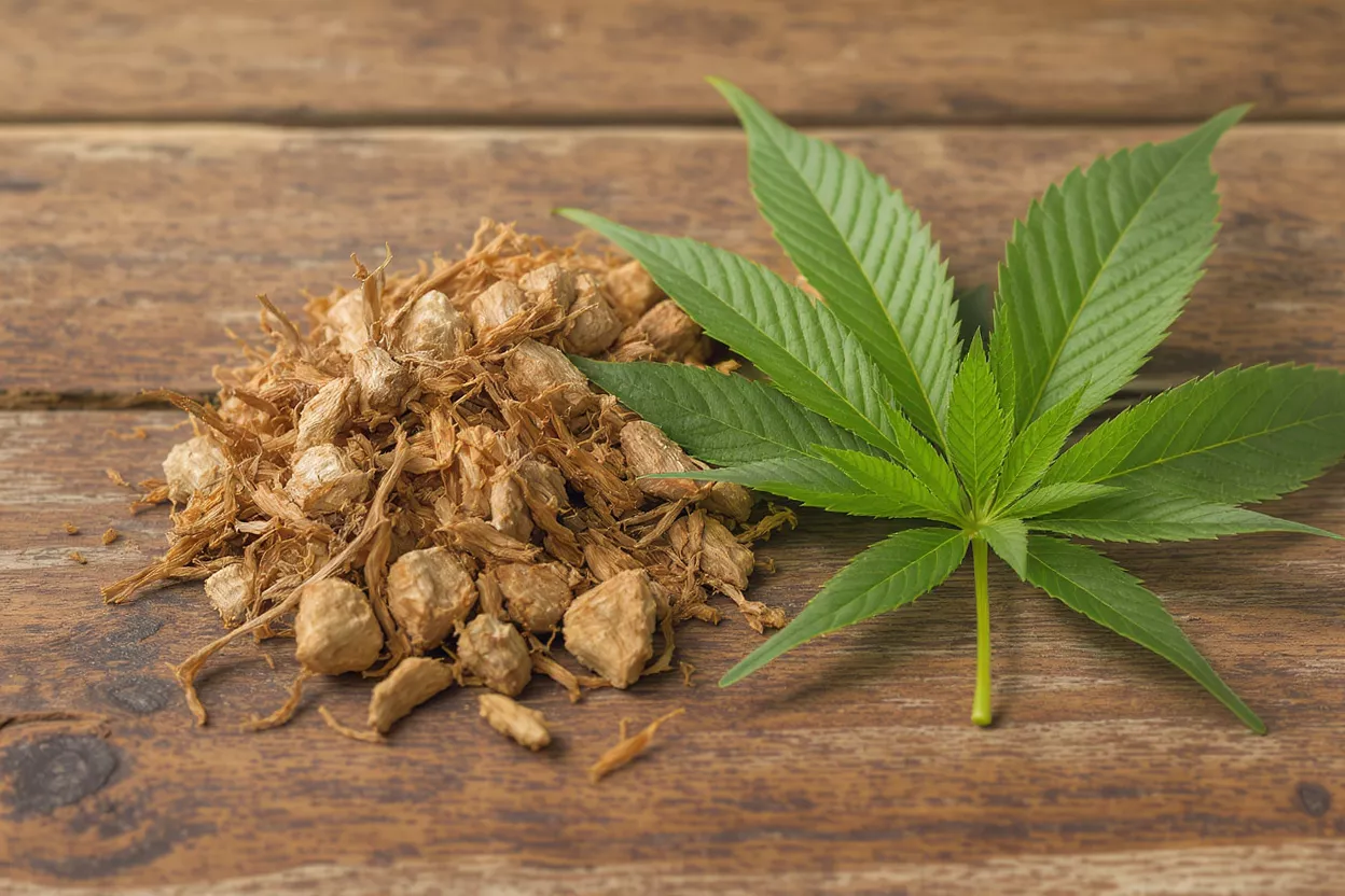 Hoja de cannabis y jengibre seco Una vibrante hoja de cannabis verde junto a un montón de jengibre seco sobre una superficie de madera.