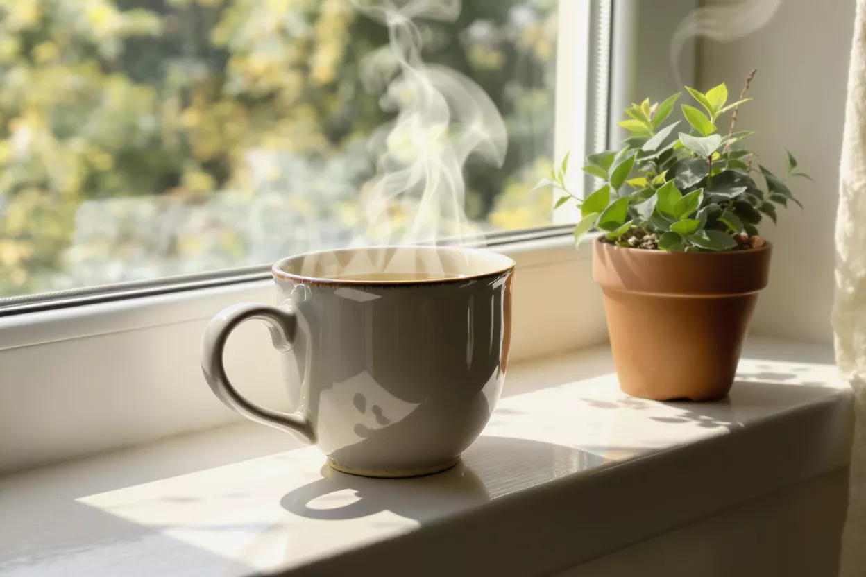 Café humeante junto a la ventana Taza de café humeante y planta en maceta en un alféizar iluminado por el sol.
