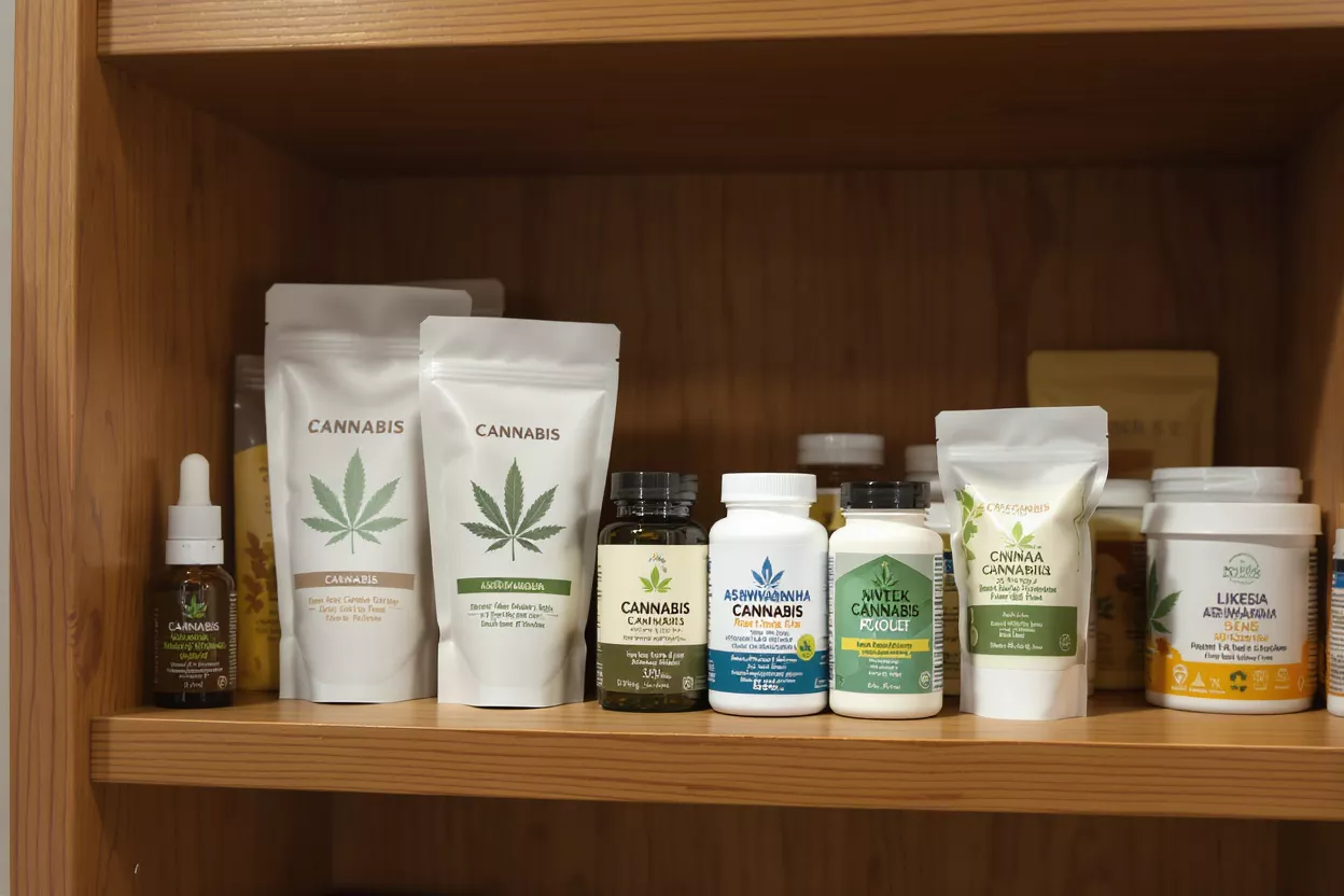 Varios productos de cannabis en un estante Una variedad de productos de marca cannabis que incluyen bolsitas, botellas y un gotero.