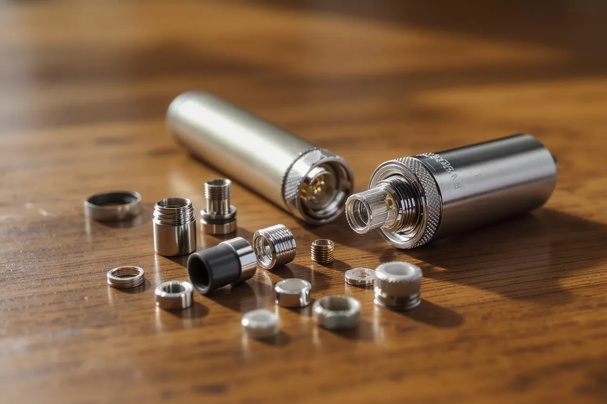Disassembled Vape Parts Various metallic and black vape components scattered on a warm wooden surface.