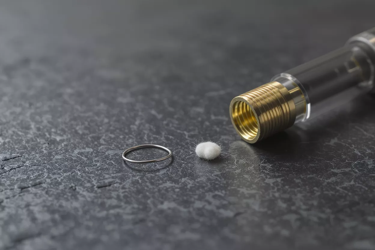 Vape Coil, Cotton, and Ring A vape coil, cotton ball, and silver ring on a dark textured surface.
