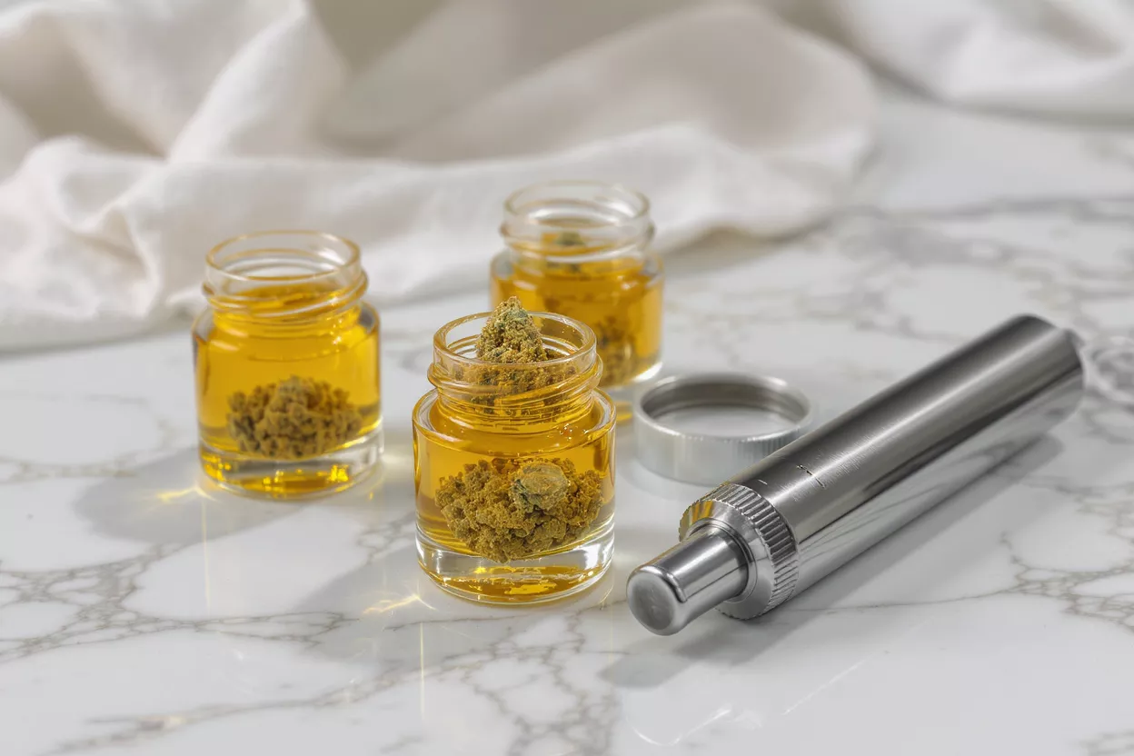 Cannabis Oil and Vape Pen Three jars of cannabis oil and flower buds with a silver vape pen.