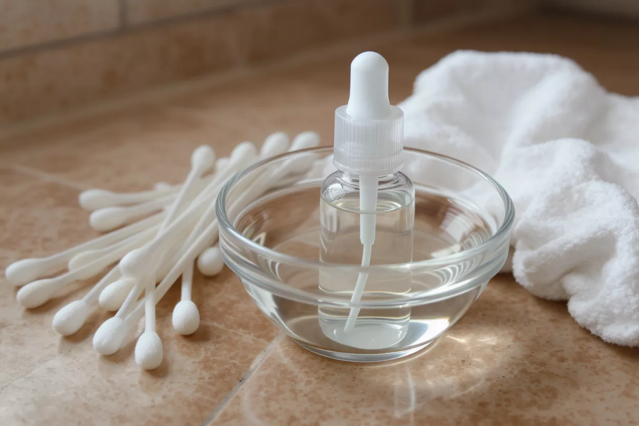 Skincare Dropper and Q-Tips Clear dropper bottle in a glass bowl of liquid with cotton swabs and towel.