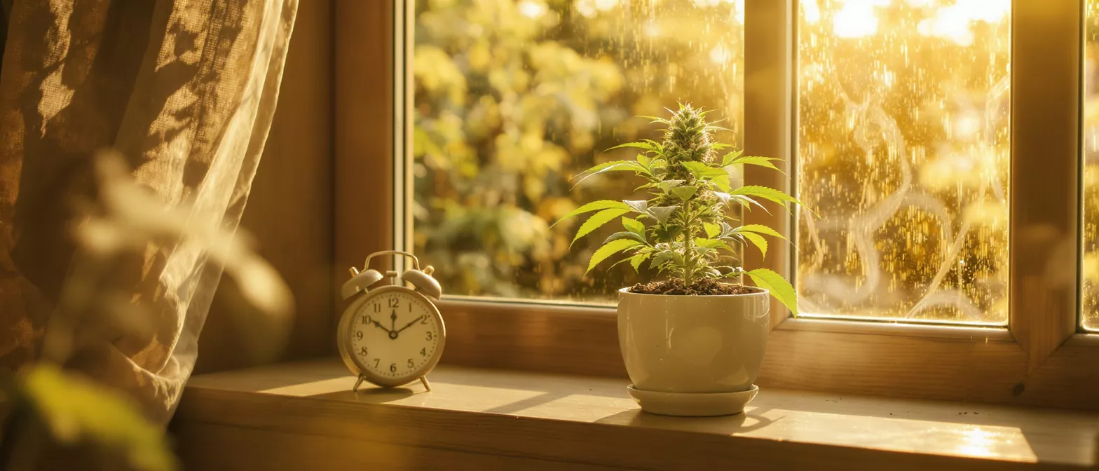 A green plant by a clock on a windowsill