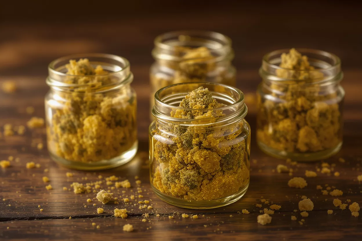 Cannabis Concentrate Jars Four glass jars filled with golden and green cannabis concentrate on a wooden surface.