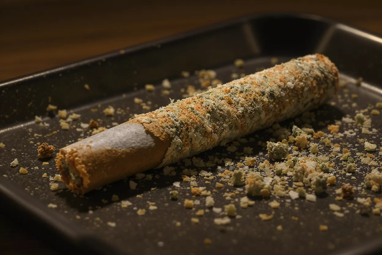 Breaded Cigar on Baking Sheet A cigar-shaped item coated in colorful breadcrumbs on a dark baking sheet.