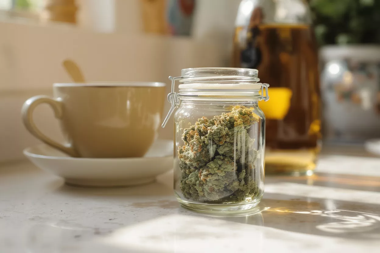 Cannabis Buds in Glass Jar Close-up of cannabis buds in a glass jar on a kitchen counter with a coffee cup.