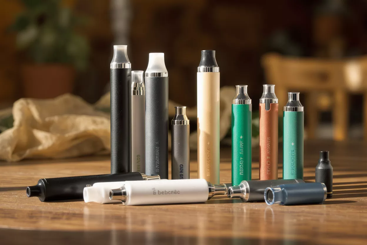 Una colección de vapeadores y cigarrillos electrónicos coloridos dispuestos sobre una mesa de madera.