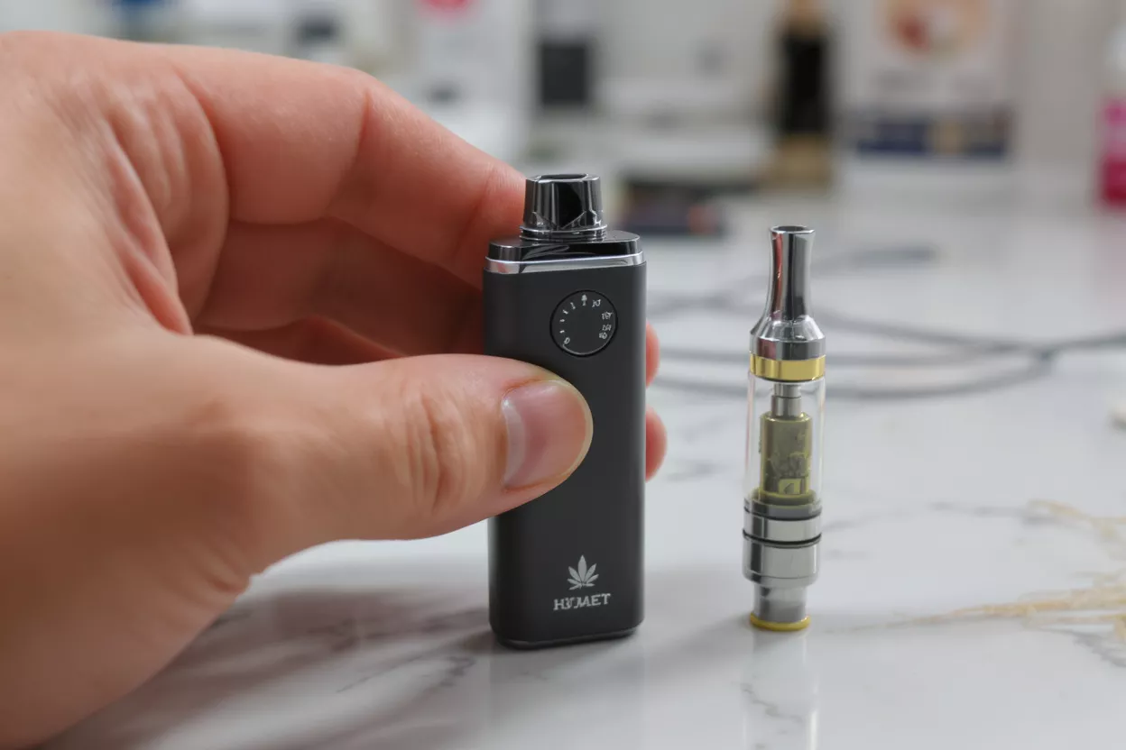 Mano sosteniendo un dispositivo de vapeo Hymet negro junto a un cartucho transparente.