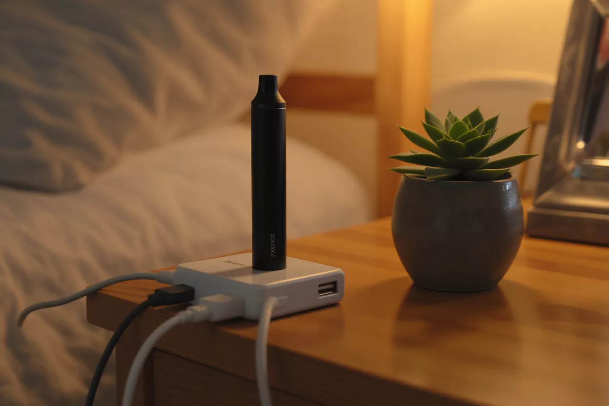 Vaporizador negro cargando en un hub blanco junto a una planta suculenta.