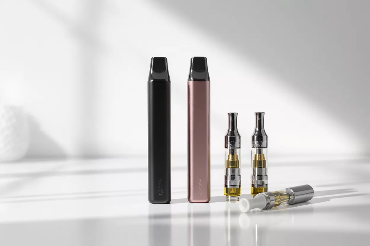 Dos plumas vape, negra y oro rosa, con tres cartuchos sobre una superficie blanca.
