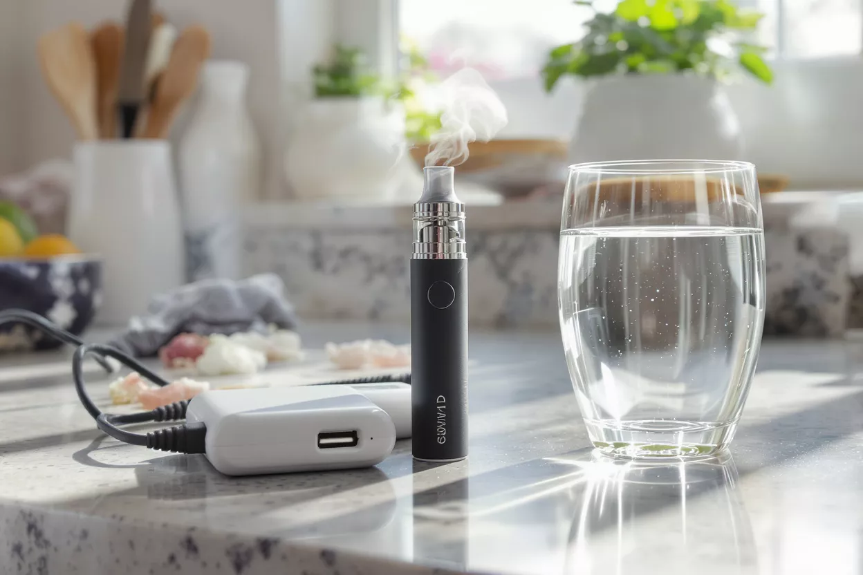 Dispositivo de vapeo negro emitiendo vapor, cargando junto a un vaso de agua.