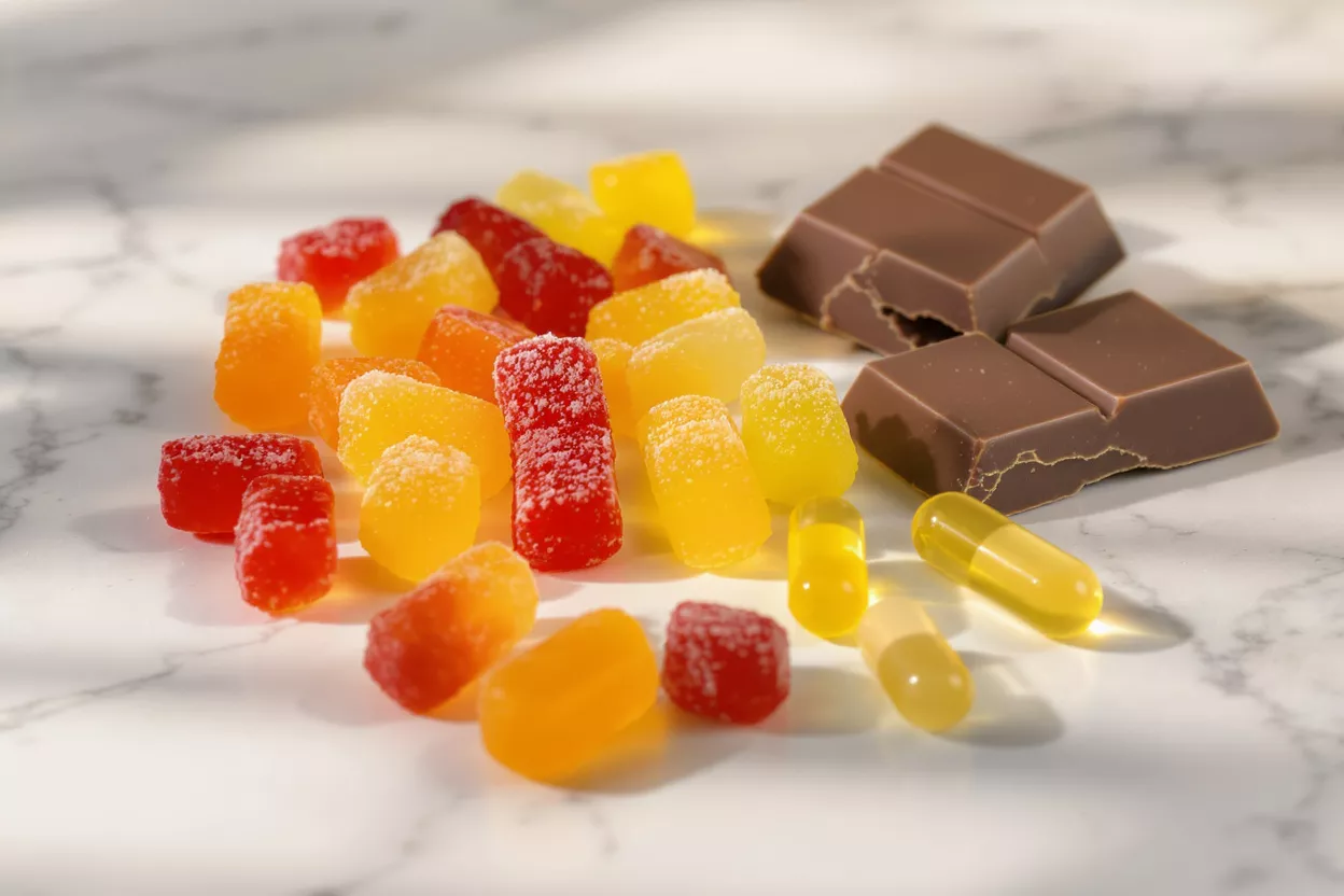 Colorful gummies, chocolate bar, and yellow capsules on a white marble surface.