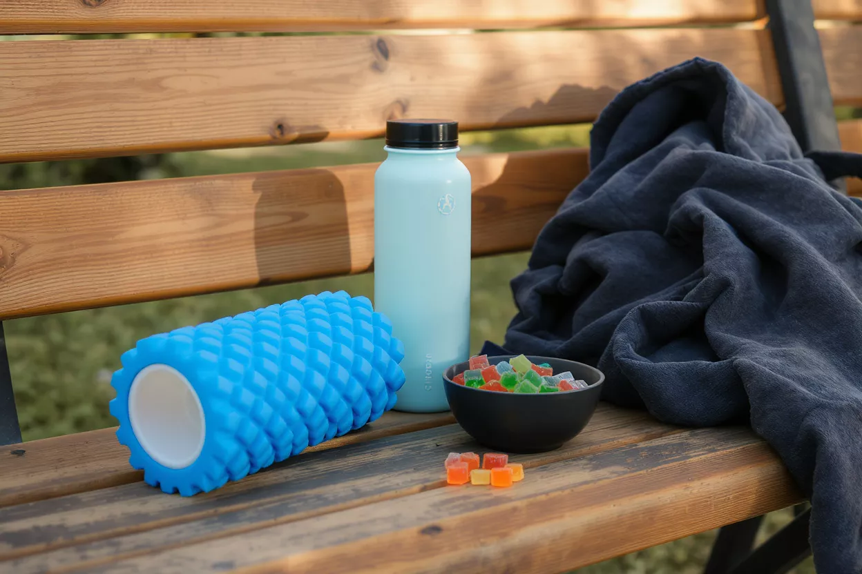 Blue foam roller, light blue water bottle, and colorful gummies on a wooden bench.