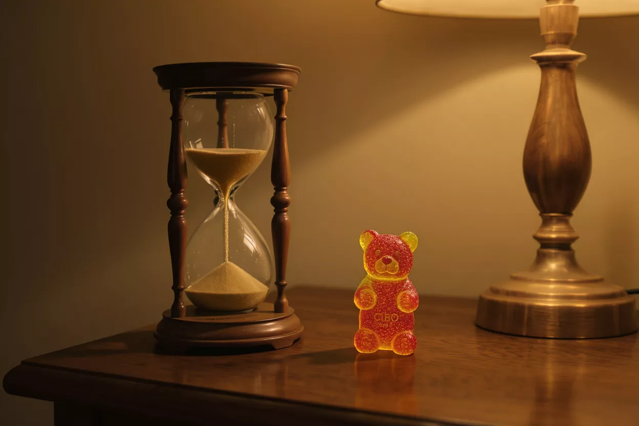 An hourglass, a gummy bear, and a lamp on a wooden table.
