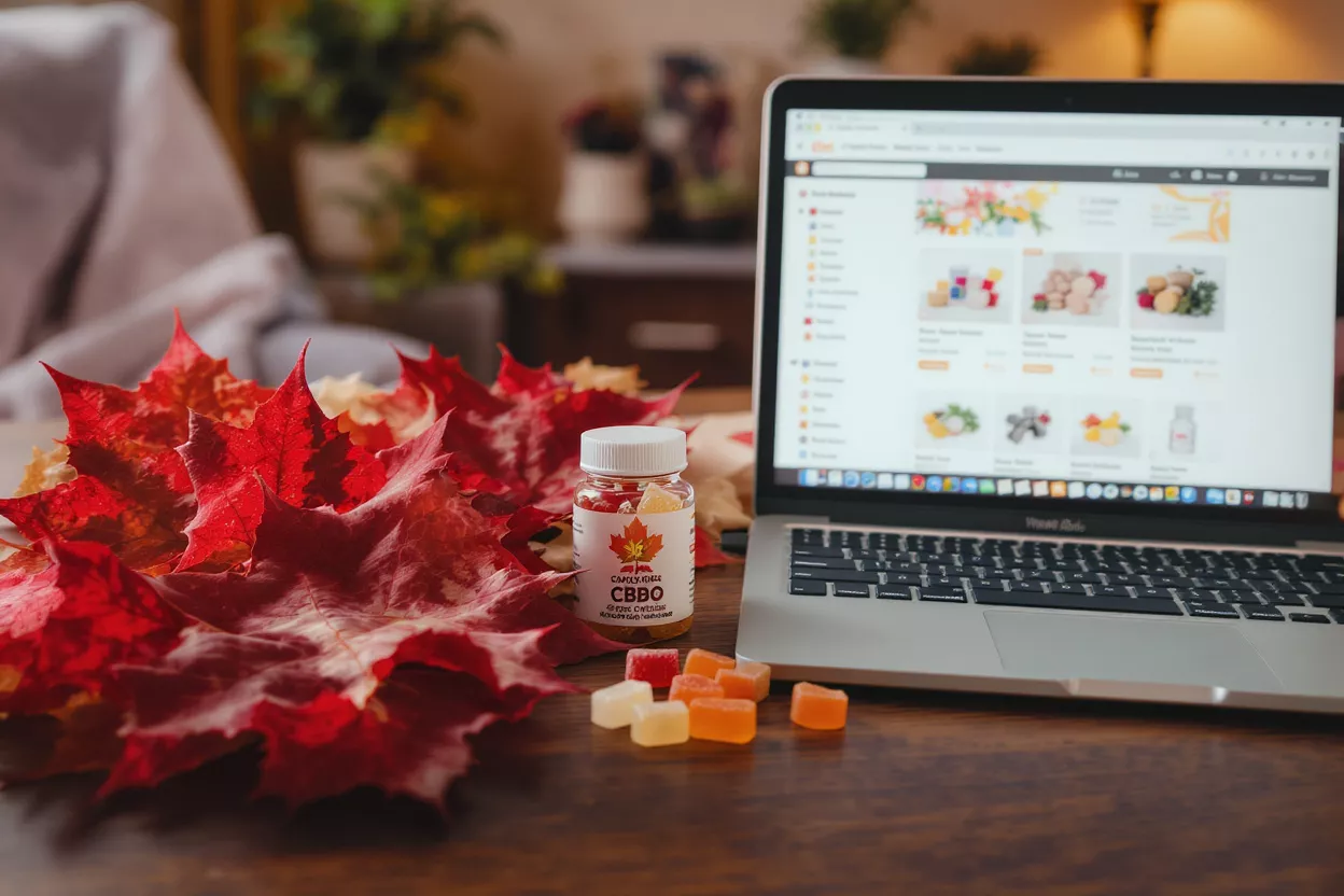 A jar of gummies, loose gummies, and autumn leaves next to a laptop.