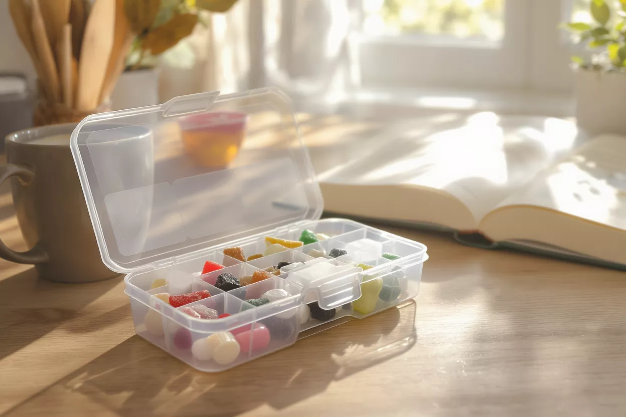 Clear plastic storage box filled with colorful candies on a wooden table.