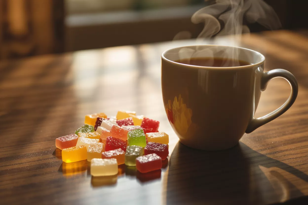 A mug of steaming tea next to a pile of colorful, sugar-dusted gummy candies.