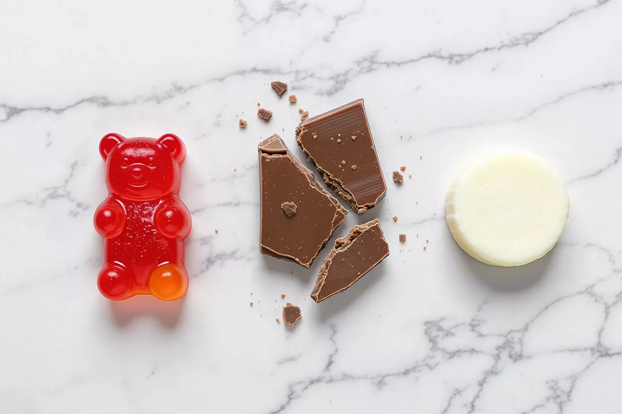 A red gummy bear, broken chocolate bar, and white chocolate disk on marble.