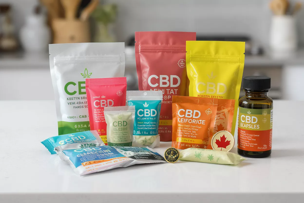 Various CBD products in colorful pouches, packets, and a bottle on a white surface.